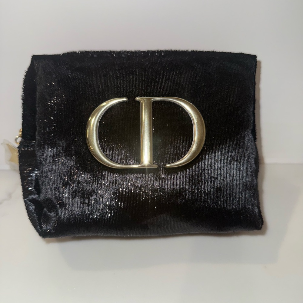New Dior Black Velvet shiny Cosmetic Bag with gold Logo
